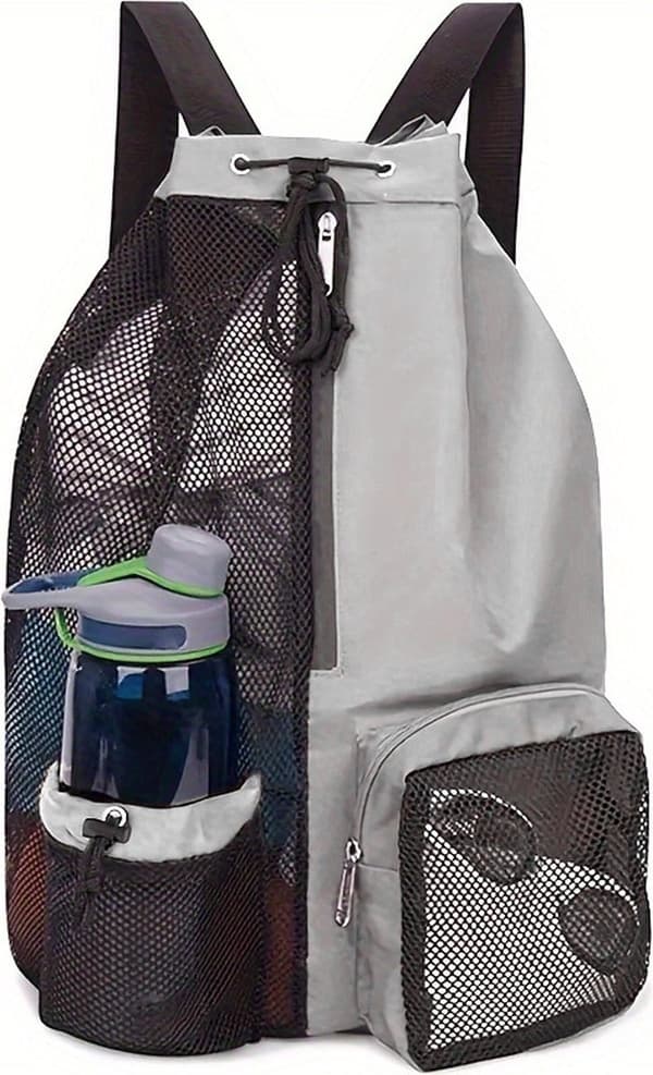 Mesh Drawstring Backpack with Wet Compartment, Large Capacity Beach Bag for Swimming, Surfing, Travel, Gym, Light Grey
