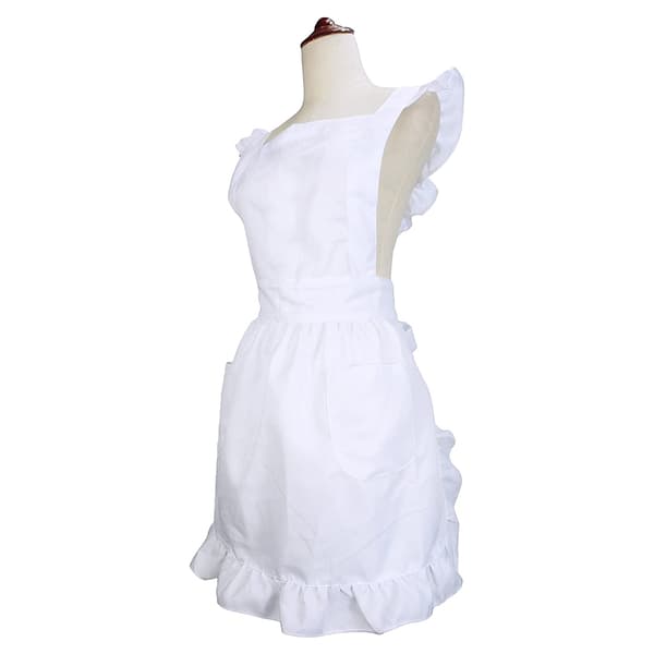 Victorian Cotton Maid Apron with Ruffle and Pockets, Adjustable Crisscross Back for Cosplay, Kitchen Baking, White