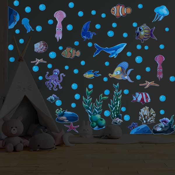 Luminous Ocean Wall Decals, Ocean Theme Fluorescent Stickers Glowing Fish Turtle Jellyfish Wall Decor Underwater