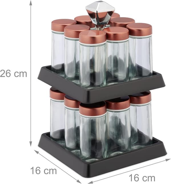 Krydderihylde inkl. 16 krydderiglas à 100 ml, roterende karrusel