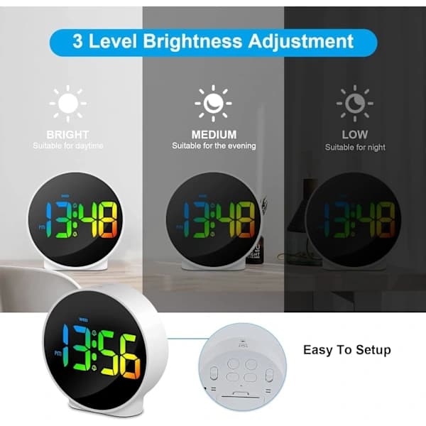 Hvid lille digital vækkeur med LED-display, ugedagsvisning, 2 alarmer, A