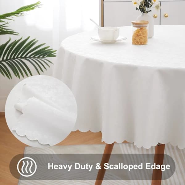Waterproof Vinyl Tablecloth, Round Heavy Duty Tablecloth, Wipeable Tablecloth for Kitchen and Dining Room (White, 60\" Round)