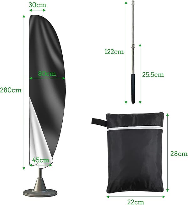 Aurinkovarjon suojus 3m 4m vetoketjulla 1,4m pitkä teleskooppitangolla, 280x30/80/45cm. [DB]