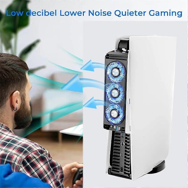 Kjølevifte for PS5 Stillere Vifte LED-lys USB3.0 Hubber