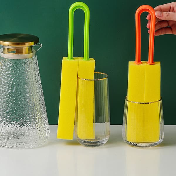 High-Density Sponge Cup Brush with Long Handle Reusable Water Bottle Brush Orange Orange