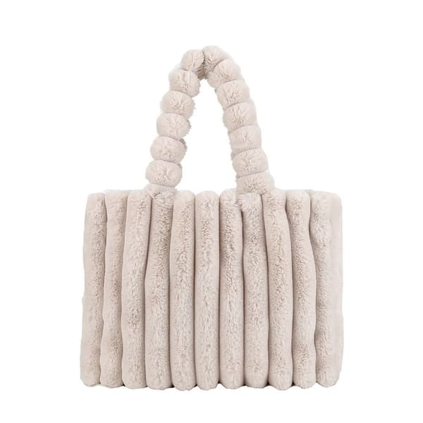 Bløde Plys Håndtasker Faux Pels Ensfarvede Shopper Tasker BEIGE