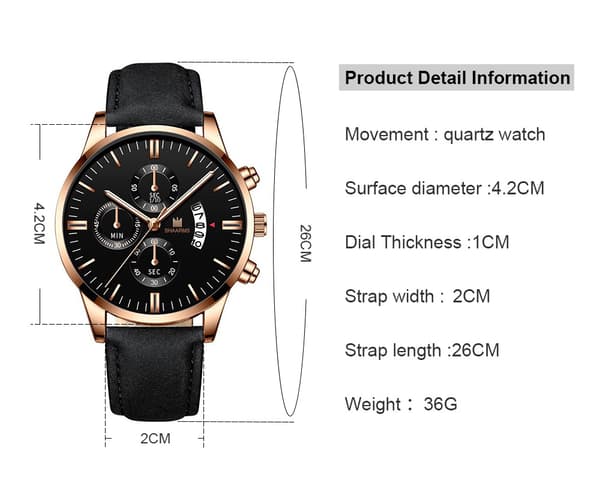 Herrearmbåndsur med tre visere, modekalender, bælte, kvarts