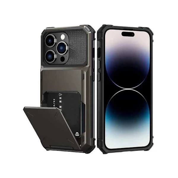 iPhone 14 Pro Max Iskunkestävä Kuori Korttipaikalla Void Harmaa