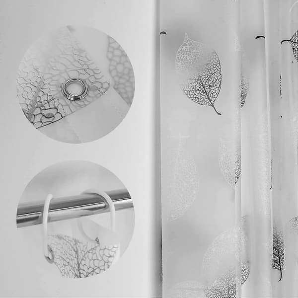 Durable Shower Curtain 180-200cm with 12 Hooks White Leaves Anti-Mildew[C]