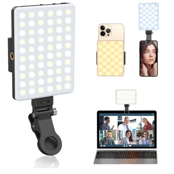 Portable Clip-On Selfie Light with 60 LEDs, 3 Light Modes, Adjustable Angle for Phone, Laptop, Video Calls, Live Streaming, Black 10 x 7.5 cm