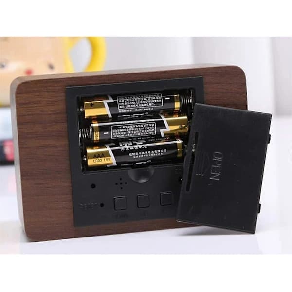 Digital LED Wooden Alarm Clock, Small Standing Clock with Date and Temperature Display
