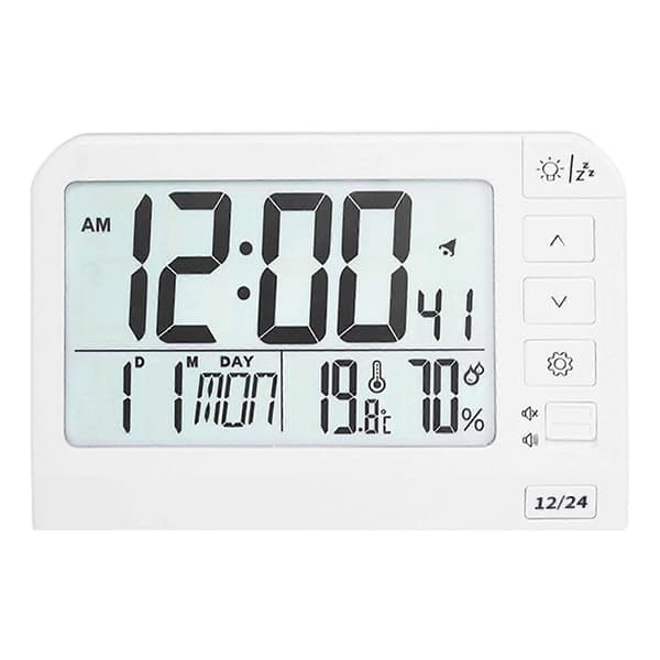 Large Digital Alarm Clock with LCD Screen, Backlight, Temperature, Battery Powered for Students and Professionals, White White
