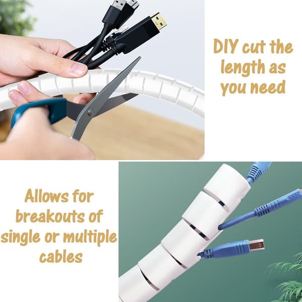 3m Desk Cable Management, Cable Organizer, Storage Windpipe, Flexible Spiral Hose, Suitable for 22mm Cable - White