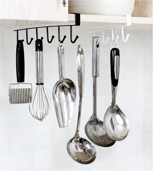 1 Piece Hanging Hooks - Shelf Under Cabinet/Mug Holder - 6 Hooks/Drill-Free Coffee Mug Holder/Kitchen Utensils/Organizer/Hook Rack - White Hanging Hooks