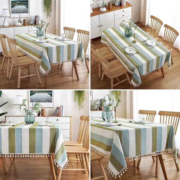 Dining Table Striped Fringed Tablecloth Rectangular Tablecloth Cotton Linen Fabric Table Cover for Kitchen Dining Table 140x180cm Green