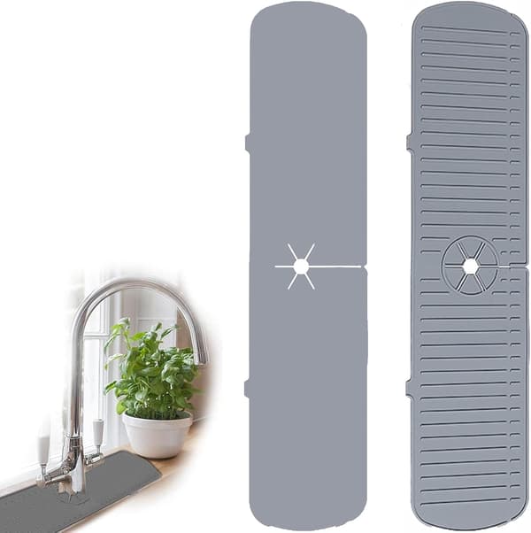 Faucet Splash Guard, Foldable Silicone Drip Tray for Kitchen Countertop, Multifunctional Dish Soap and Sponge Holder (Grey)