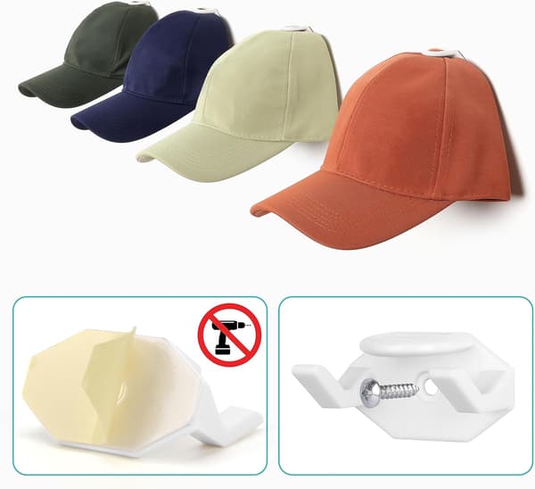 White 16-Pack Self-Adhesive Hat Hangers - Self-Adhesive Wall Hat Holder for Baseball Caps - No-Drill Wall Mount for B