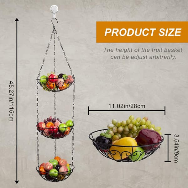 3-Tier Hanging Fruit Basket, Metal Vegetable Baskets Round Fruit Basket Storage Rack for Fruit Vegetable Bread, Black