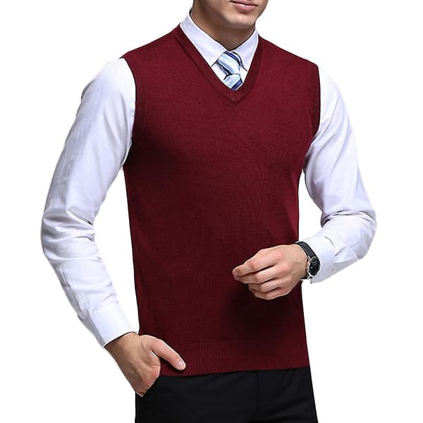 Solid Knitted V-neck Men's Casual Autumn Vest L Red