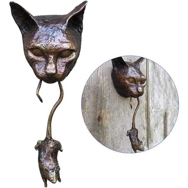 Väggskulptur med katt och mus som dörrknackare för ytterdörr - Perfekt