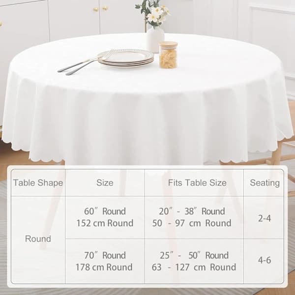 Waterproof Vinyl Tablecloth, Round Heavy Duty Tablecloth, Wipeable Tablecloth for Kitchen and Dining Room (White, 60\" Round)