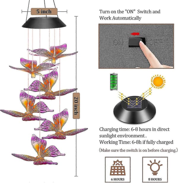 Solar LED Fjäril Vindklokke - Utendørs Hagedekorasjon, Morsdag & Bursdagsgave