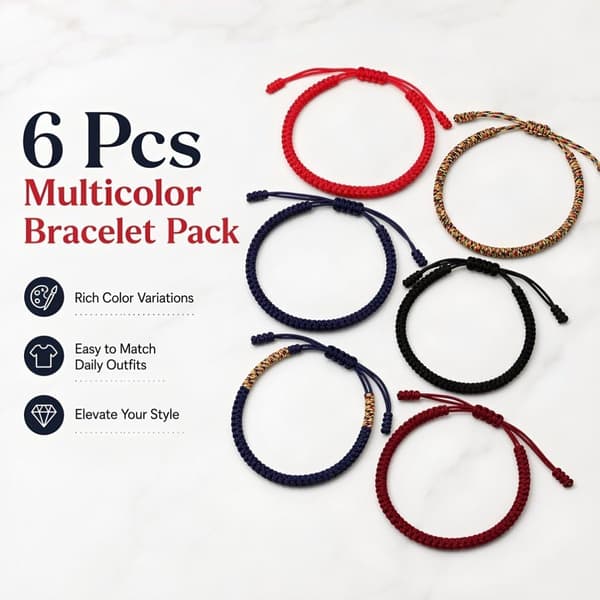 6 st justerbara Jin Gang-knut Lyckoarmband av trådrep -