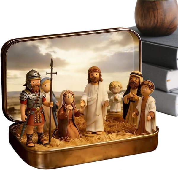 Mini Jesus-figurer realistisk blikkboks som skrivebordsdekorasjon -