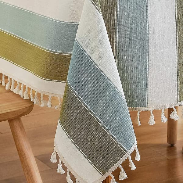 Dining Table Striped Fringed Tablecloth Rectangular Tablecloth Cotton Linen Fabric Table Cover for Kitchen Dining Table 140x180cm Green