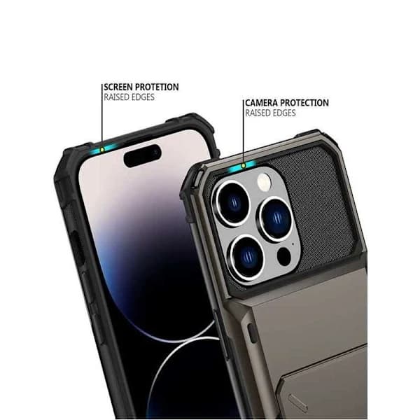 iPhone 14 Pro Max Iskunkestävä Kuori Korttipaikalla Void Harmaa