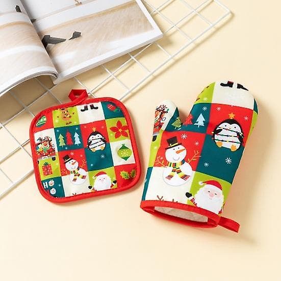 Baking Mitt Cartoon Pattern Christmas Mitt Heat Resistant Oven Mitt with Mat for Home Kitchen-FY-
