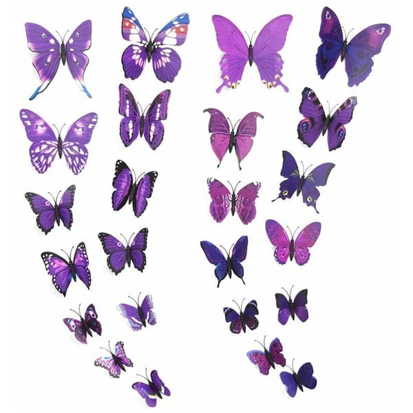 12 kpl 3D-perhoseinätarroja makuuhuoneen seinäkoristeluun (violetti)
