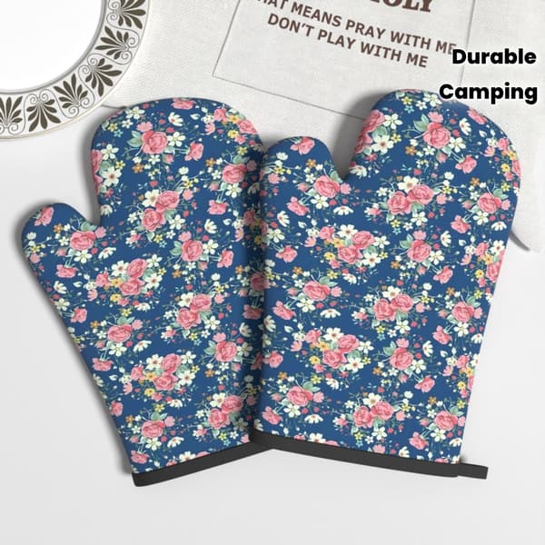 Heat-resistant oven mitts with hanging loop, 2-pack - Non-slip grip with floral pattern 2 pcs