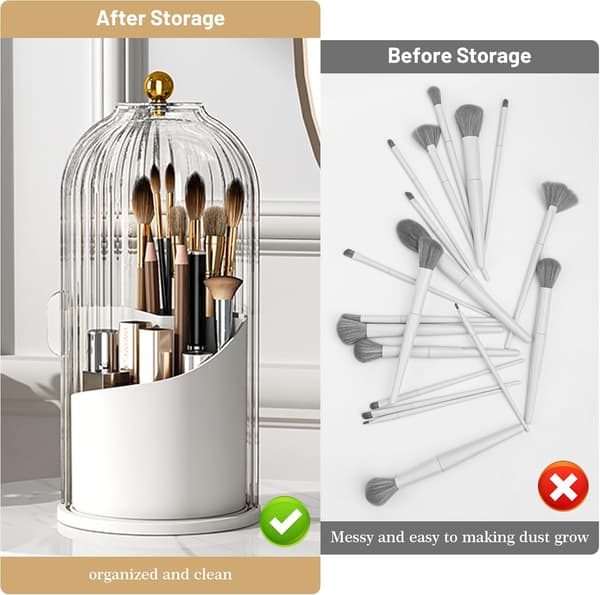 Makeup Brush Holder Organizer with Clear Lid 360° Rotating Sliding Opening Dustproof Brushes