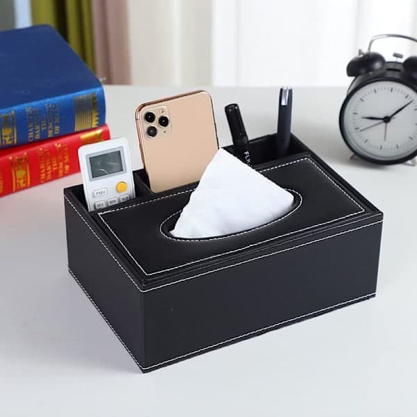 Rectangular Large Tissue Box for Home and Office in PU Leather with Remote Control Storage, Home Organization Box