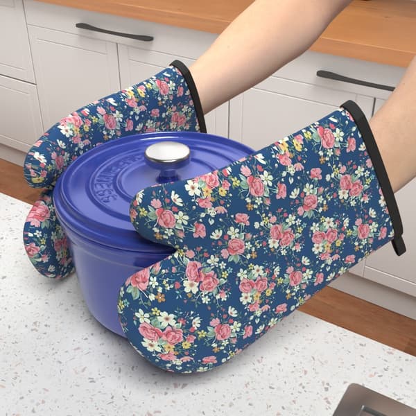 Heat-resistant oven mitts with hanging loop, 2-pack - Non-slip grip with floral pattern 2 pcs