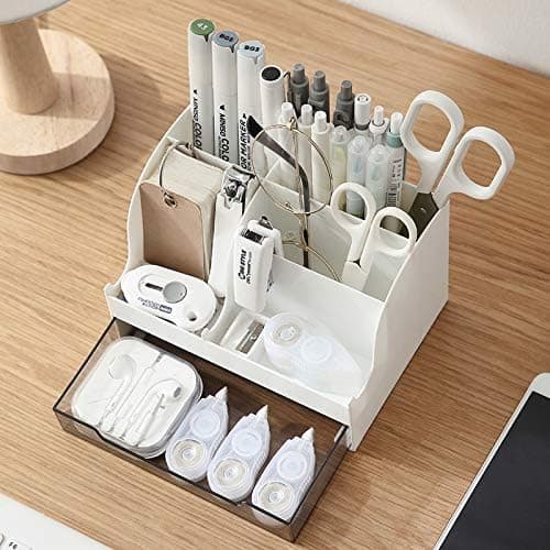 Multifunktionel Pen & Blyant Organizer med Skuffe til Skrivebord, Arbejdsplads Hvid White