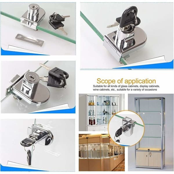 Single-hinged display cabinet lock for glass doors. Display cabinet lock for 5-8mm glass doors with 2 keys. No drilling required.