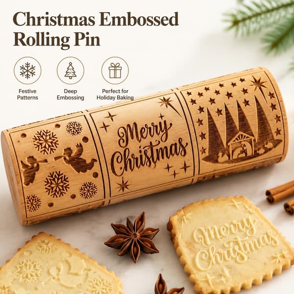 Nativity Scene Wooden Embossing Rolling Pin, Kitchen Baking Tool with Various Patterns