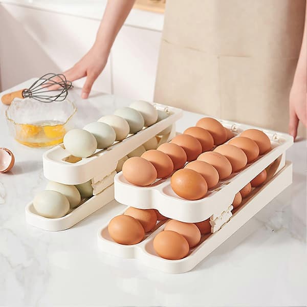 Automatic Rolling Egg Dispenser 2-Tier Egg Holder Large Capacity Smooth Edge Burr-Free Egg Storage Tray for Refrigerator S