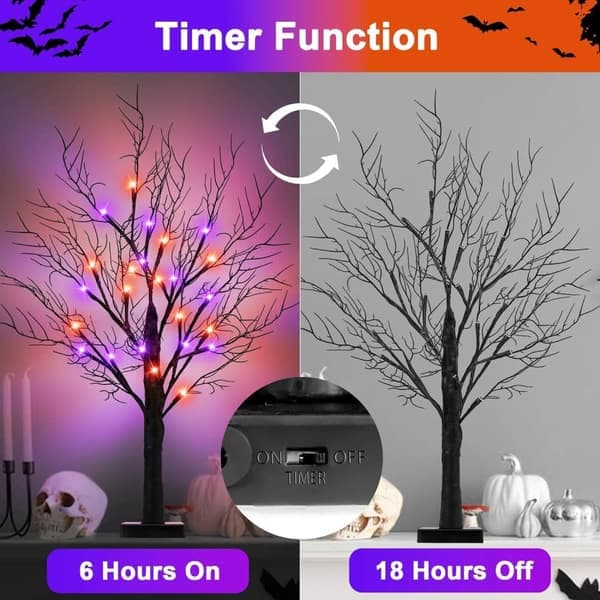 2-pak Halloween natlampe og Halloween-dekoration – sort træ med 24 LED-lys, 61 cm