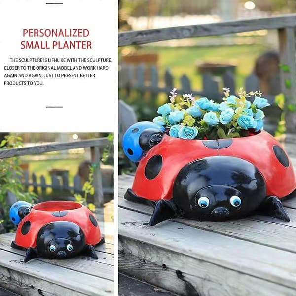 Red 5.3cm Diameter Flower Pot Decor Ladybug Shaped Smooth Surfaces Iron Planter for Garden