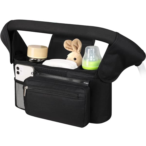 Universal Stroller Organizer with Insulated Cup Holders and Detachable Phone Pouch for Strollers Black
