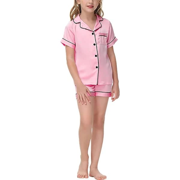 Silke pyjamas til børn, 2-delt kortærmet pyjamassæt til drenge og piger, blødt nattøj
