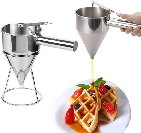 Form for cake pops, deigdispenser for pannekaker, trakt i rustfritt stål med hylle