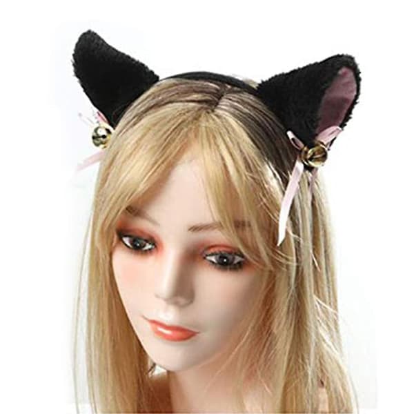 Cat Costume Halloween Plush Headwear Clip Ear Bow Tie Tail Gloves Set