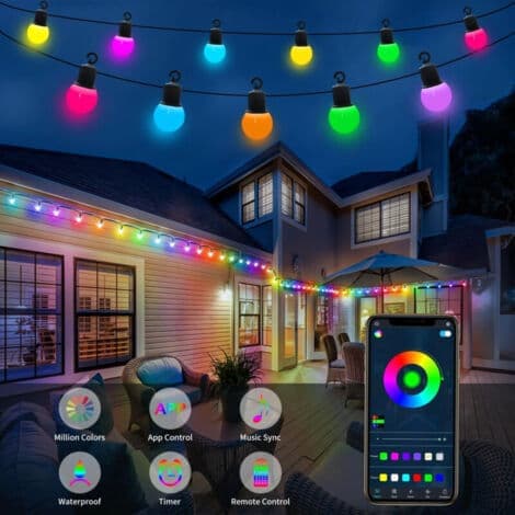 18m RGB Outdoor String Lights with 25 Bulbs, Remote Control and App Control, IP65, Timer - Suitable for Christmas, Gardens and Yards [Ho]