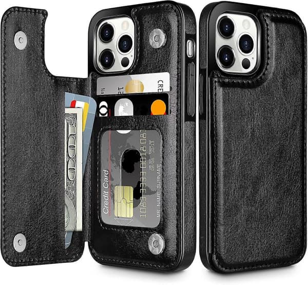 iPhone 15 Pro Wallet Case with Card Holder Shockproof Case Flip Folio Soft PU Leather Magnetic Closure Protective Case (Black)