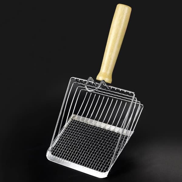 Stainless Steel Cat Litter Scoop with Wooden Handle - Two-in-One Function - Stand Included