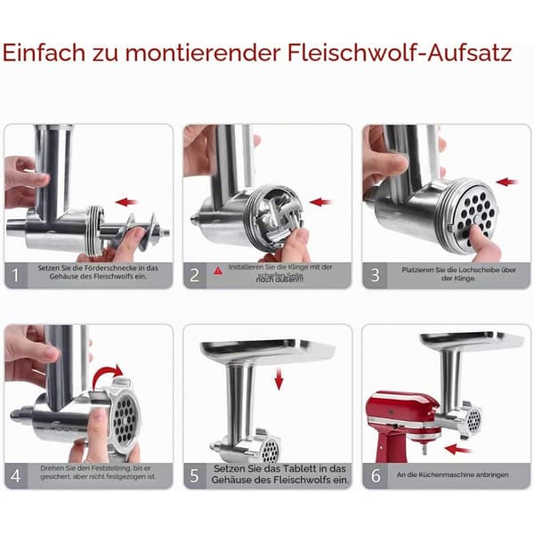 Kødslibertilbehør kompatibelt med KitchenAid, 420 rustfri stålplader og pølsestopper til hakket kød og pølser
